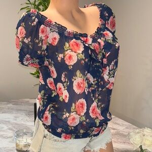 Y2K Abercrombie & Fitch Pink and Orange sheer Smocked Ruffled Blouse